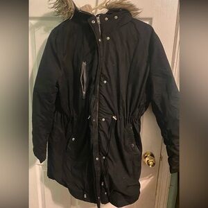 H&M Black Military-Style Field Parka with Faux-Fur Trim